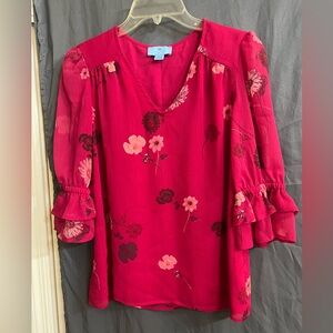 CeCe Pink Floral V-Neck Ruffle short Sleeve Blouse size XS in good condition